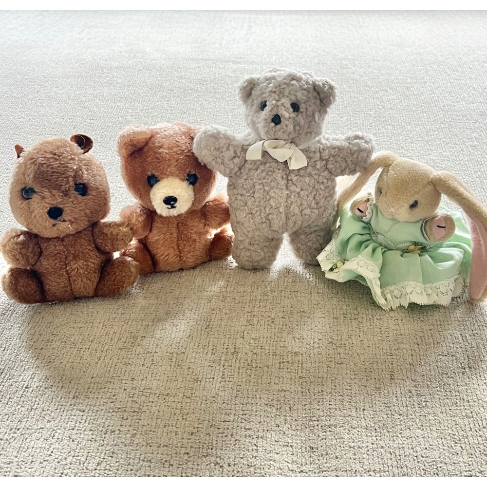 Vintage R Dakin 1978 Plush Bear Bunny Lot 4pc Sherpa Teddy Bear Bunny in Dress